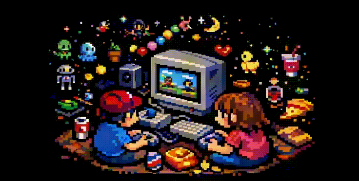 Retro gamers around a CRT monitor